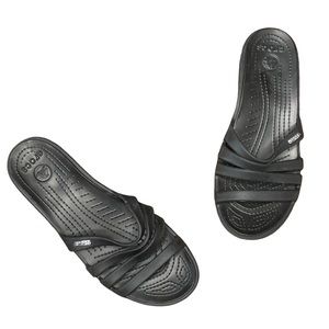 Black Crocs Rhonda 4 Strap Wedge Sandal Comfort Slide Shoe Molded Womens Size 11